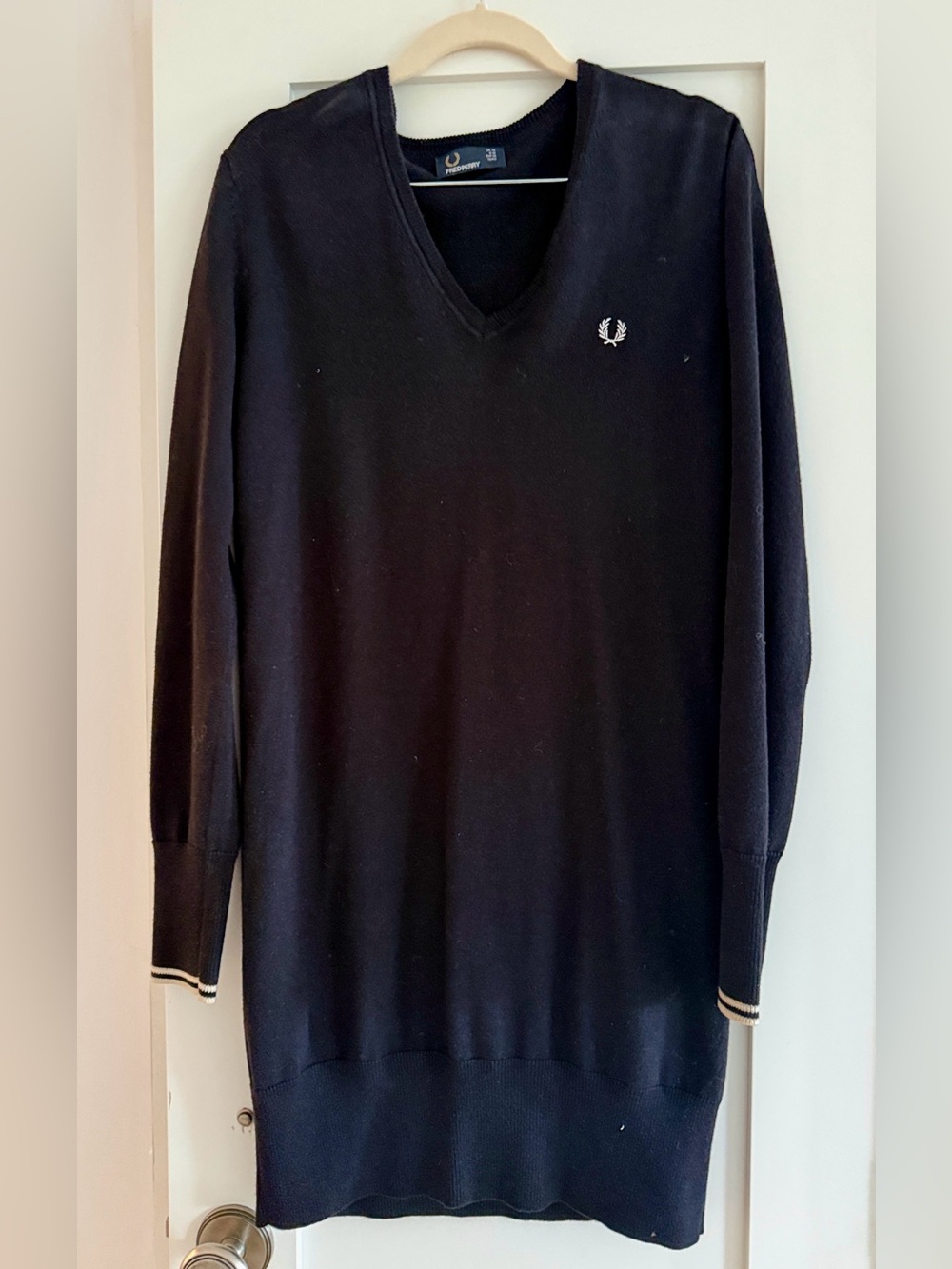 Fred Perry Black V-Neck Knit Sweater Dress with Contrast Trim